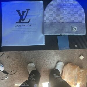 Louis Vuitton Gray Checker Knit Beanie with LV Patch